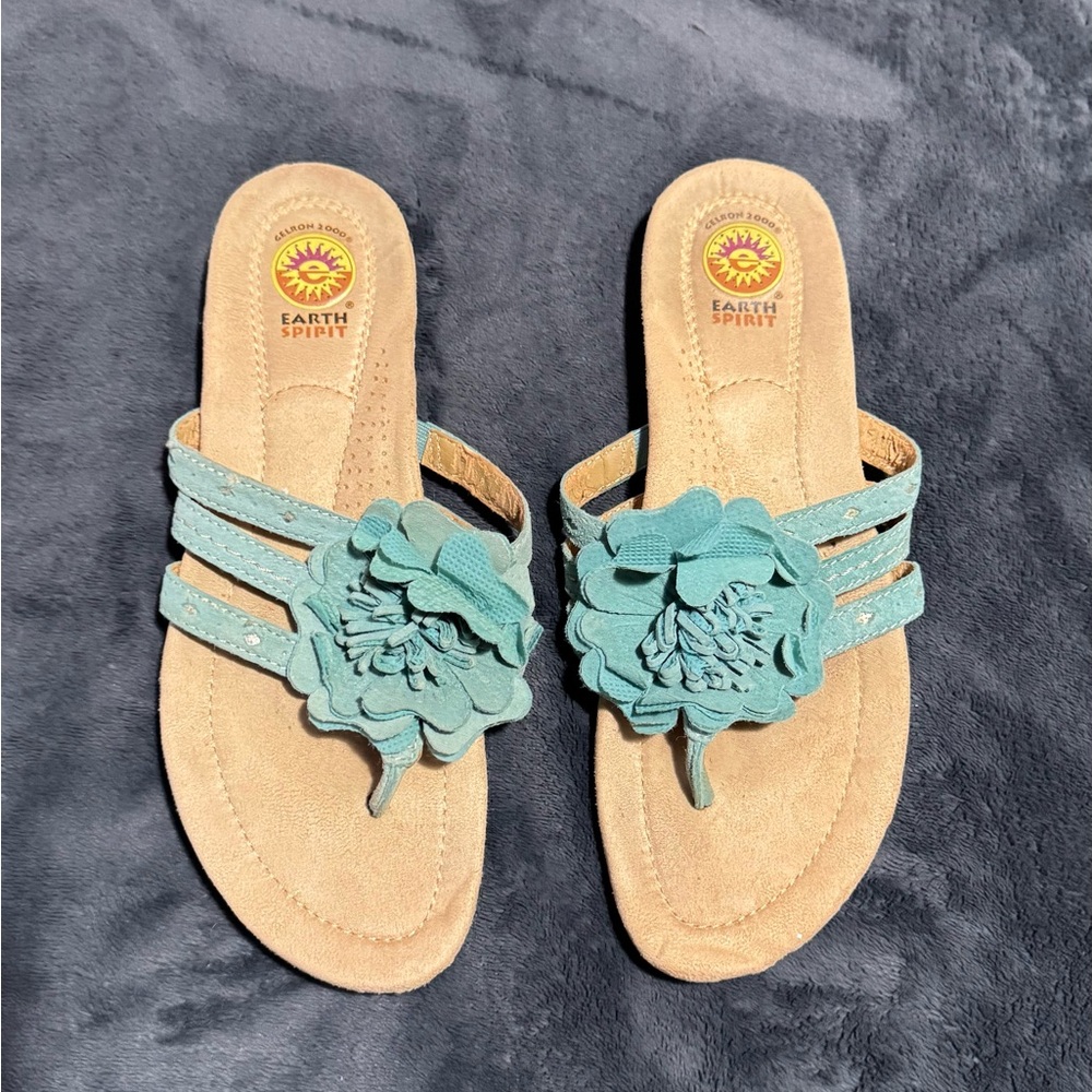 Earth Spirit Teal Floral Triple-Strap Slide Sandals